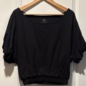 Anthropologie Black Boatneck Puff-Sleeve Crop Top